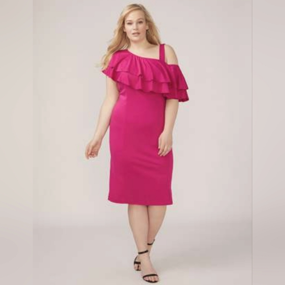 Nwt Lane Bryant off shoulder fusia ruffle bodycon midi dress size 16